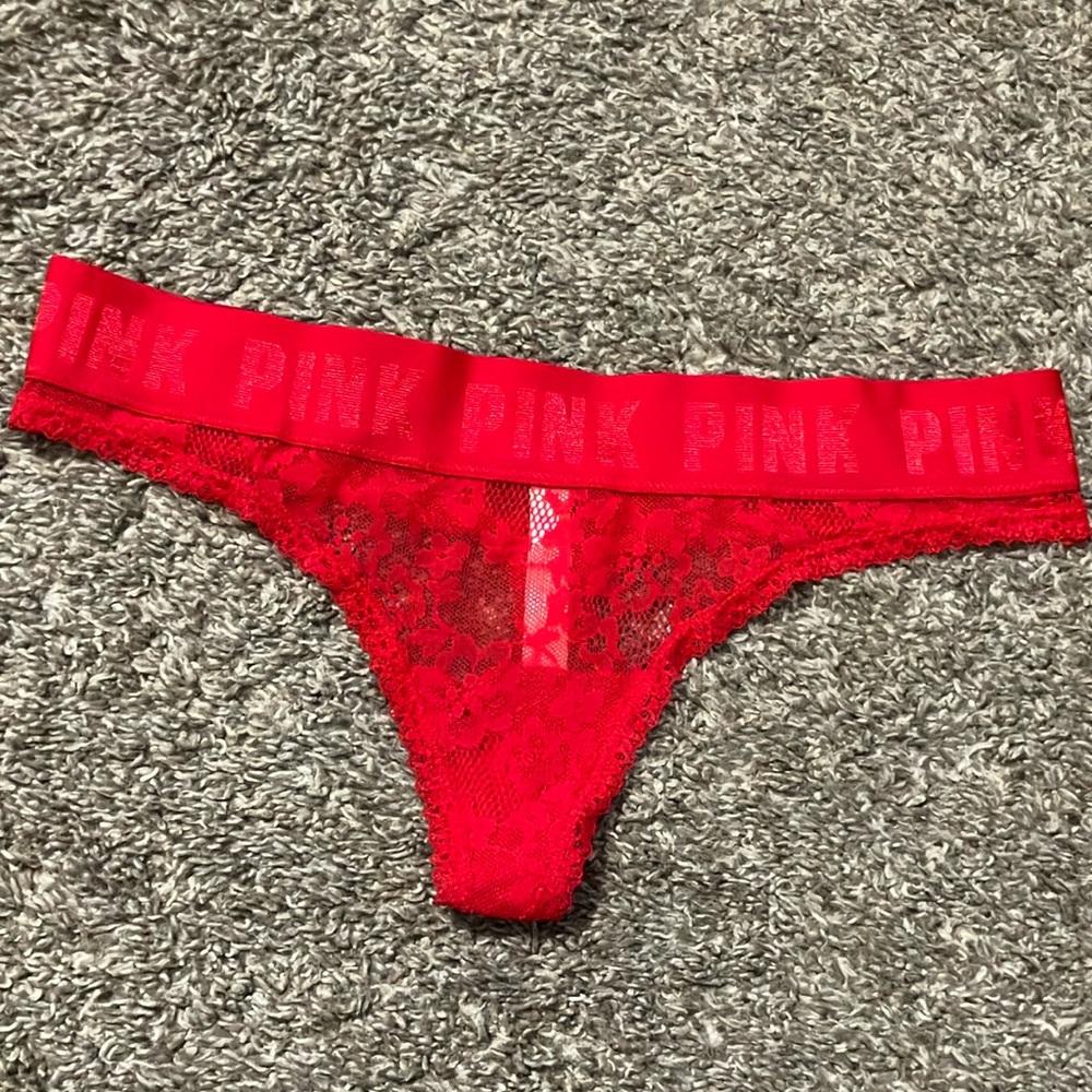 NWOT PINK Victoria's Secret Red Lace Thong Panty size Small